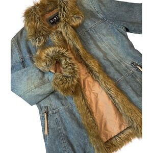 VTG MIXIT DENIM & FAUX FUR PENNY LANE  COAT SZ L Large BOHO SHAGGY Y2K